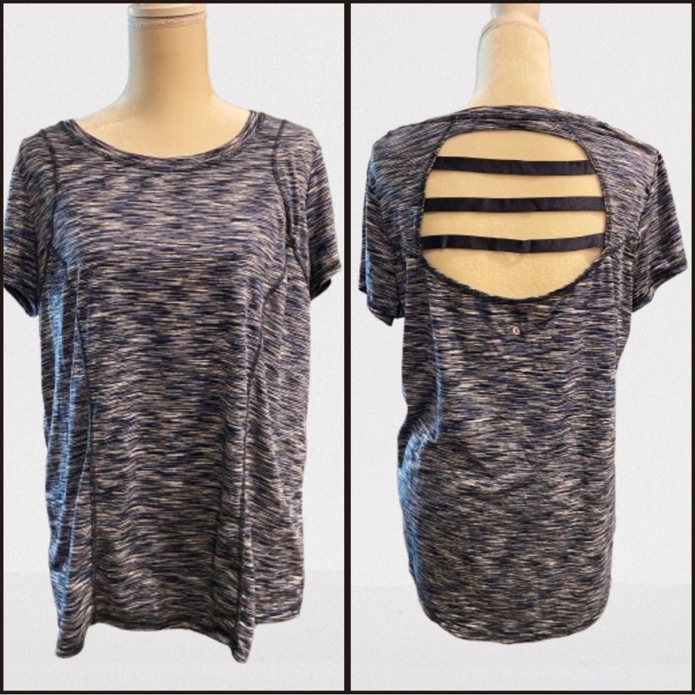 Xersion Womens Activewear Short Sleeve Space Dye Top with Cut Out Back Detail